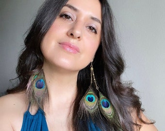 Cruelty Free Natural Real Peacock Feather Earrings, Long Dangle Earrings, Shoulder Duster, Festival Jewelry, Goddess Earrings, Chain Earring