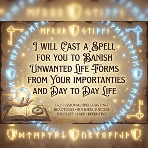 May include: An aged parchment-style graphic with the text "I WILL CAST A SPELL FOR YOU TO BANISH UNWANTED LIFE FORMS". The image includes a hand holding a crystal ball, an open book, and a compass. The text also mentions "Professional Spellcasting".