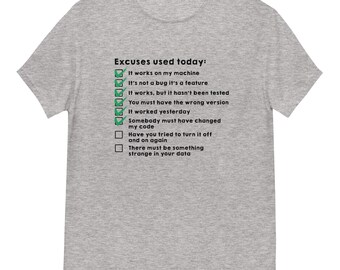 Camiseta unisex geek "Excusas usadas hoy", regalo para programadores y devops