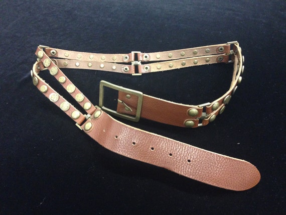 1980s UNIQUE Brown LEATHER 2 Strap Coin BELT - Etsy display picture 2