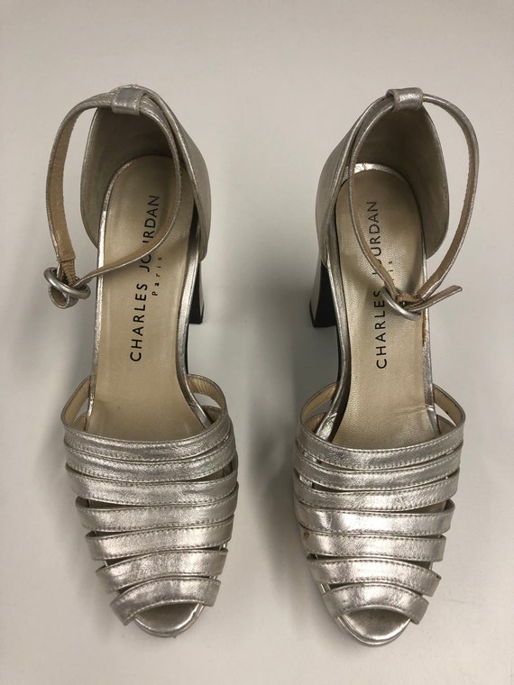 Vintage CHARLES JOURDAN Ankle Strap Silver Platfor