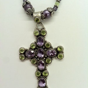 OOAK 1990s SILVER peridot and Amethyst Renaissance CROSS Beaded Necklace image 1