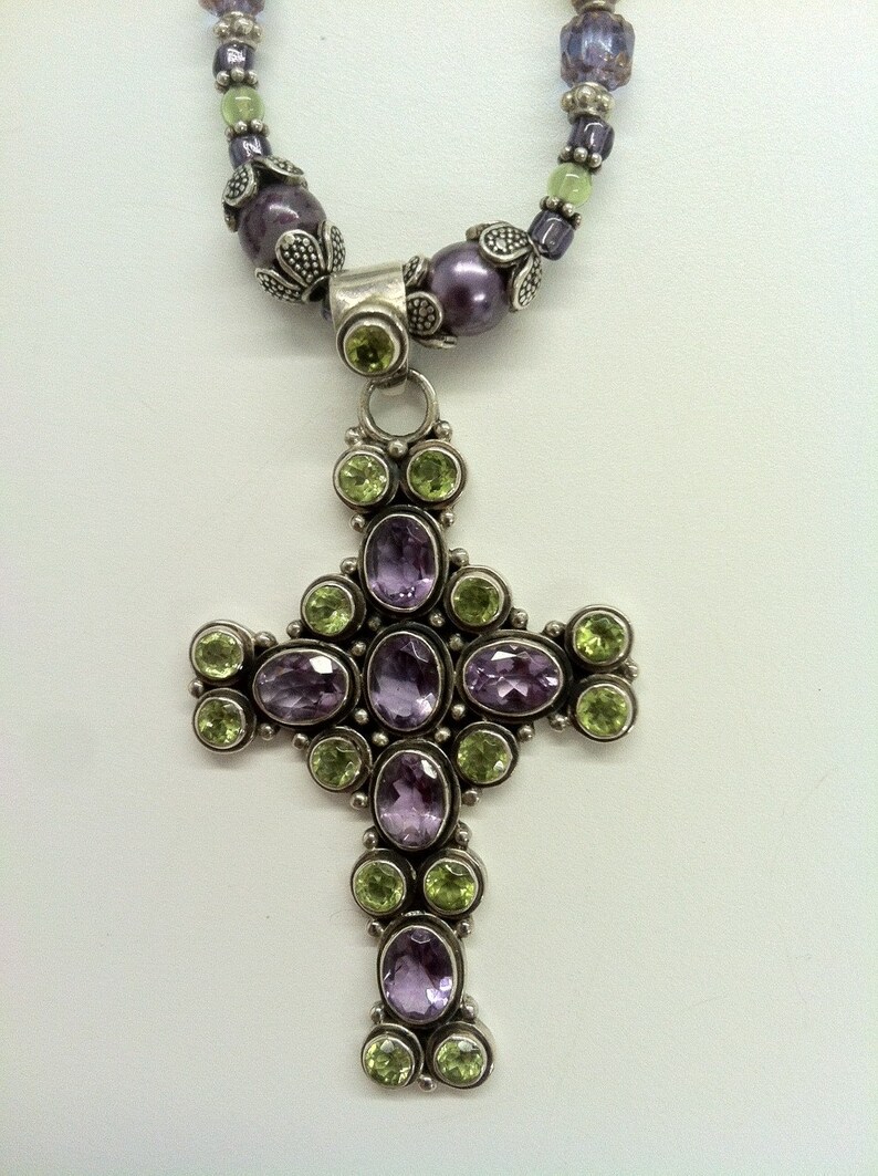 OOAK 1990s SILVER peridot and Amethyst Renaissance CROSS Beaded Necklace image 1