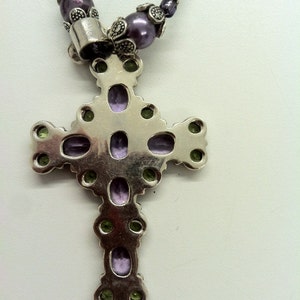 OOAK 1990s SILVER peridot and Amethyst Renaissance CROSS Beaded Necklace image 2