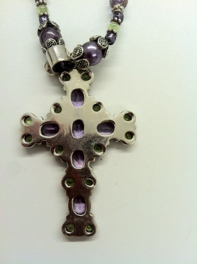 OOAK 1990s SILVER peridot and Amethyst Renaissance CROSS Beaded Necklace image 2