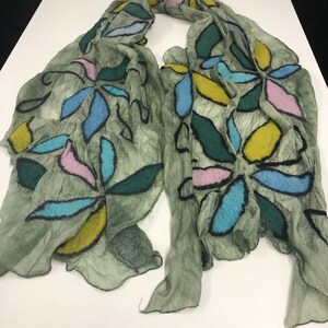 Vintage Handcrafted Celadon Green FELTED and Crushed SILK SCARF
