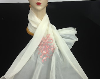 OAK Creme silk  CHIFFON SCARF with Peach Embroidery in the letter T