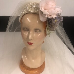 OAK BRIDAL HEADPIECE with Vintage Medallion and Pink Blush and Lilac Flowers with Pearl Trim and Fingertip Veil
