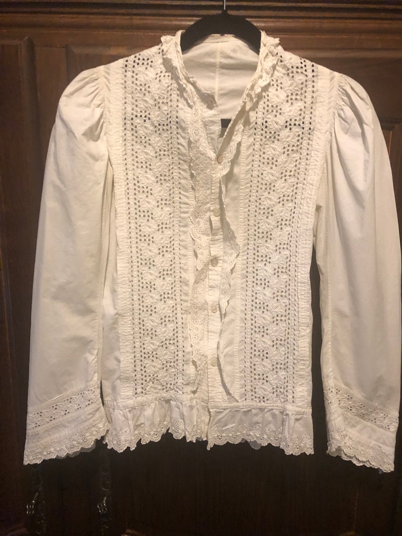 ANTIQUE EDWARDIAN Fitted White Cotton BLOUSE with Lace Insertions and Trim image 1