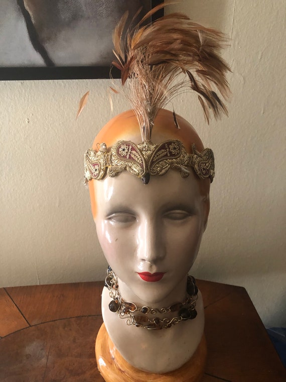 OAK 1920s Type FEATHERED HEADBAND With Vintage Gold and Wine  display picture 1