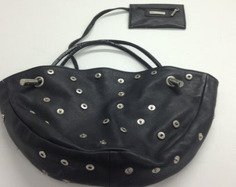 RARE ALDO 90's Black Leather HANDBAG with silver snap findings and decorations and Leopard Lining