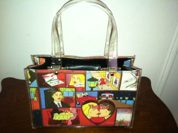 New Xmas sale price!1980s NOVELTY Comic Strip Plastique HANDBAG  with First Date LOVE  Story onFront ,Back and Side Panels