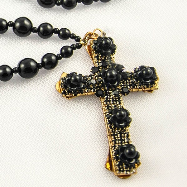 On Sale!!OOAK VICTORIAN jet beaded and gold filled Gothic, cross, steampunk, black