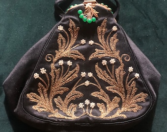 RARE BLACK Silk Embroidered Evening Bag with Green beaded and Gold Clasp