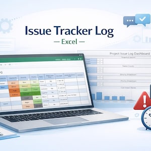 May include: A laptop displaying an Excel issue tracker log, with the title "Issue Tracker Log - Excel." Additional elements include a notepad, pen, and a clock. Charts, checklists, and a warning sign are also present.