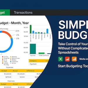 May include: A digital financial planning graphic with the words "SIMPLE BUDGET" in large white letters. The image includes charts, graphs, and a budget breakdown, with the text "Take Control of Your Money - Without Complicated Spreadsheets."