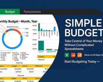 May include: A digital financial planning graphic with the words "SIMPLE BUDGET" in large white letters. The image includes charts, graphs, and a budget breakdown, with the text "Take Control of Your Money - Without Complicated Spreadsheets."