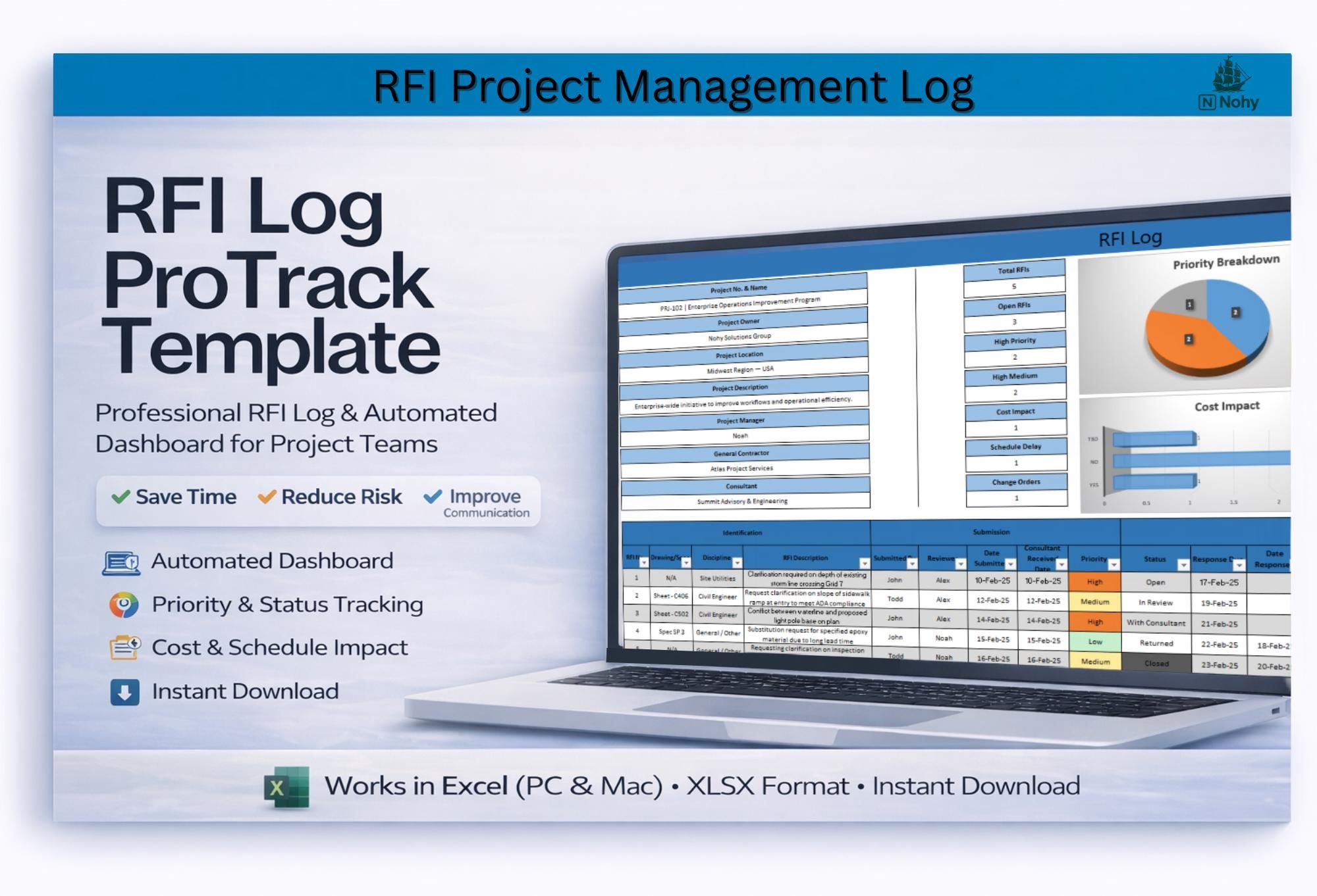 Project RFI Log Excel Template With Automated Dashboard | RFI Tracker ...