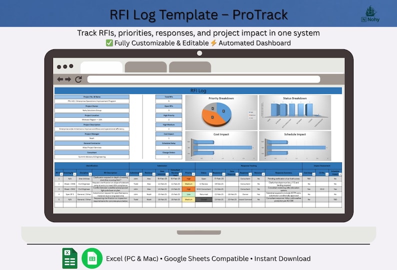 Editable Rfi Template Project RFI Log Excel Template With Automated Dashboard | RFI Tracker ...