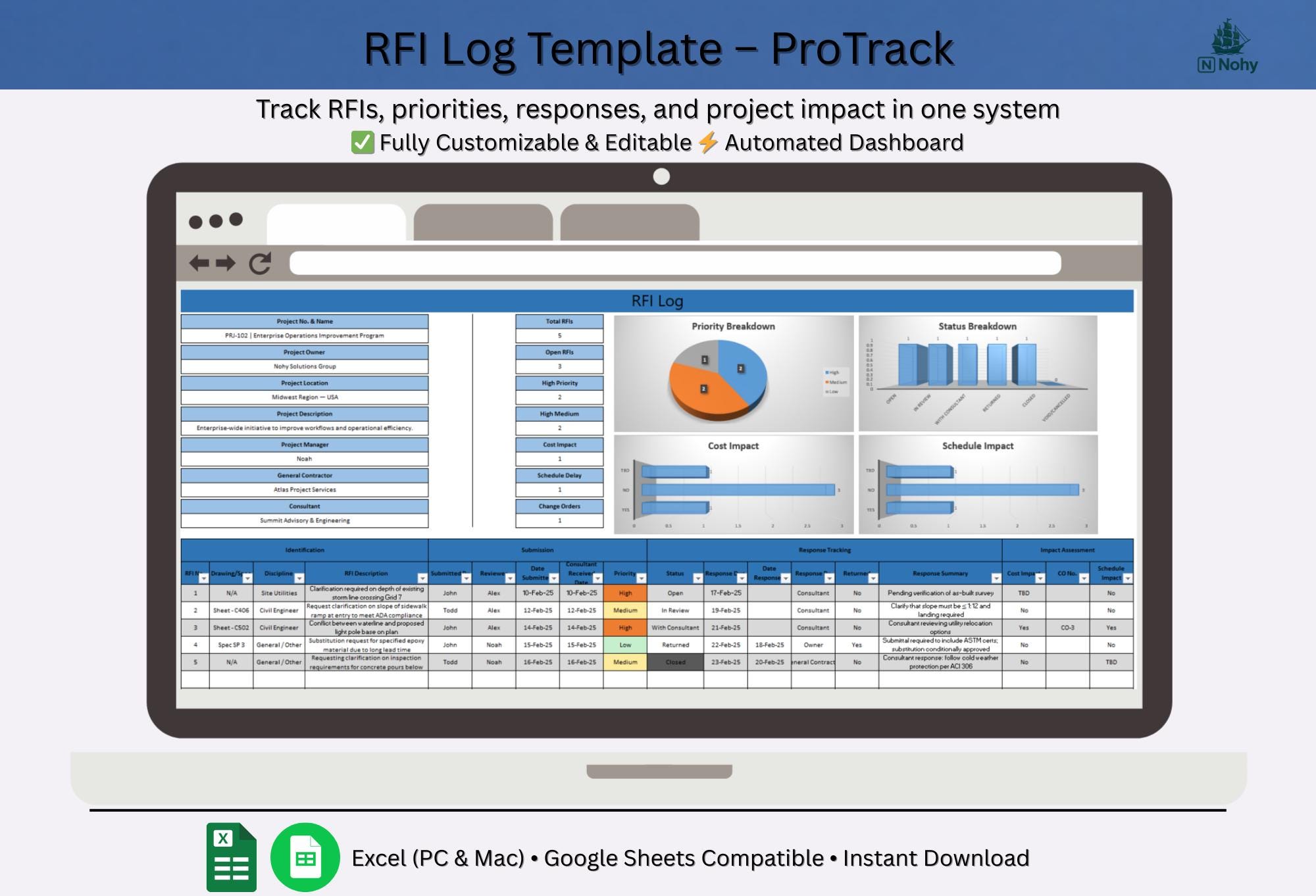 Project Rfi Log Example Waveguide Project RFI Log Excel Template With Automated Dashboard | RFI Tracker ...
