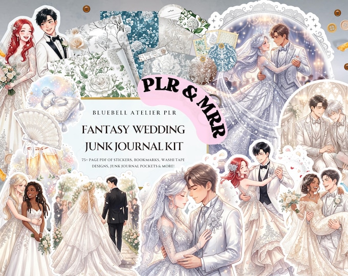 PLR Fantasy Wedding Junk Journal Kit Printable | Silver White Damask Ephemera, Anime Couples Stickers, Bookmarks, Pockets | Digital Download