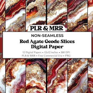 May include: A collection of digital papers featuring red agate geode slices. The designs showcase a mix of red, white, and gold tones, with intricate patterns resembling natural stone formations. The text on the image reads "Red Agate Geode Slices Digital Paper".