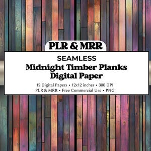 May include: A digital paper design with vertical planks in various colours, including blue, purple, orange, and green. The text "Midnight Timber Planks Digital Paper" is displayed on a white rectangular banner.