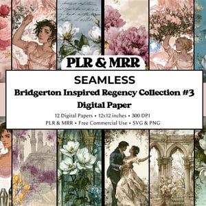 May include: A digital paper collection with a Bridgerton-inspired Regency theme. The image displays a collage of floral and portrait designs in soft pinks, blues, and greens. Text on the image reads "PLR & MRR SEAMLESS Bridgerton Inspired Regency Collection #3 Digital Paper".