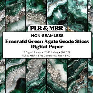 May include: A digital paper set showcasing emerald green agate geode slices. The design includes 12 digital papers, each 30.48 cm x 30.48 cm, with a 300 DPI resolution. The image also includes the text "PLR & MRR" and "Free Commercial Use".