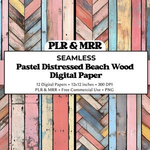 May include: A digital paper design with a seamless pattern of pastel-coloured distressed wood planks. The planks are arranged in a chevron pattern, with colours including pink, blue, yellow, and white. The text on the image reads "Pastel Distressed Beach Wood Digital Paper".