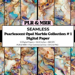 May include: A collection of twelve digital papers with a seamless pearlescent opal marble design. The papers feature swirling patterns in shades of blue, gold, and peach. The text on the image reads "PLR & MRR SEAMLESS Pearlescent Opal Marble Collection #1 Digital Paper".