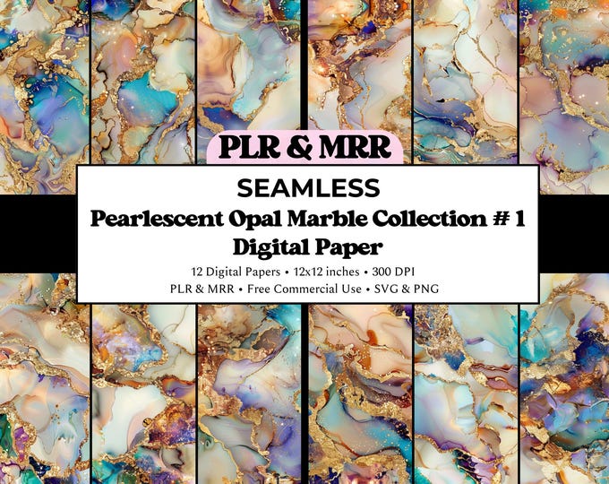 Pearlescent Opal Marble: Ivory Teal and Gold Glitter Seamless Pattern | Holographic Alcohol Ink Digital Paper | Free Commercial Use PLR MRR