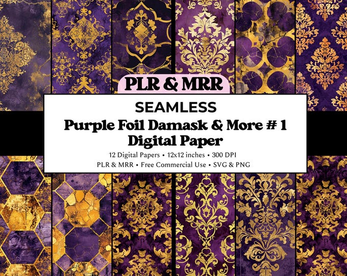 Royal Amethyst Damask: Purple and Gold Seamless Pattern | Baroque Vintage Digital Paper (Digital Download) | Free Commercial Use PLR MRR