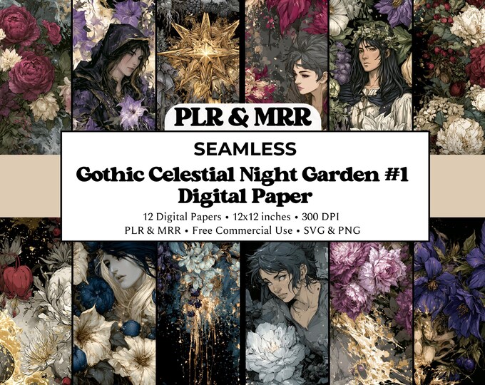 Gothic Night Garden Seamless Patterns | Celestial Dark Academia Digital Paper | Free Commercial Use PLR MRR (Digital Download)