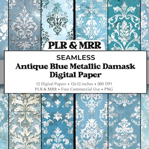 May include: A set of seamless digital papers with an antique blue metallic damask pattern. The papers display a repeating design of elaborate floral elements in white and silver on a textured blue backdrop. The image includes the text "PLR & MRR" and "Antique Blue Metallic Damask Digital Paper".