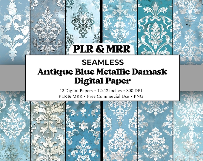 Antique Light Blue Metallic Damask Seamless Pattern | Baroque Vintage Digital Paper (Digital Download) | Free Commercial Use PLR MRR