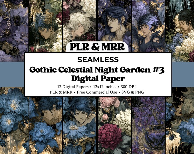 Gothic Night Garden Seamless Patterns | Celestial Dark Academia Digital Paper | Free Commercial Use PLR MRR (Digital Download)