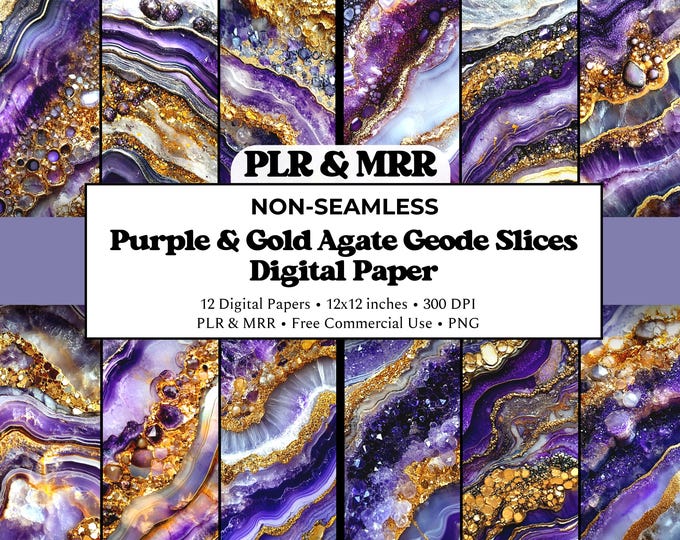 Purple & Gold Agate Slices | Geode Digital Paper | Luxury Marble Texture | Commercial Use PLR MRR