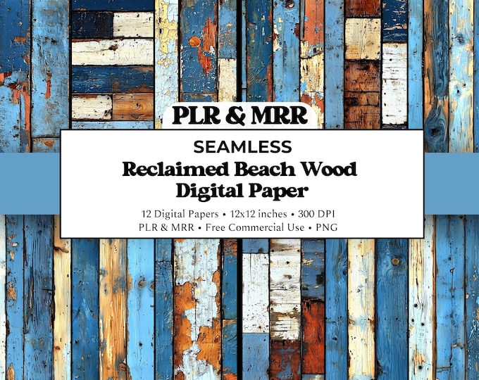 Reclaimed Distressed Beach Wood Seamless Pattern | Farmhouse Plank | Blue and White Wood Digital Paper | Commercial Use PLR MRR