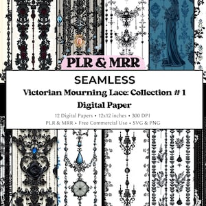 May include: A selection of seamless digital papers showcasing Victorian mourning lace designs. The papers display intricate black and white patterns, including floral and ornamental elements. The text reads "Victorian Mourning Lace: Collection #1".