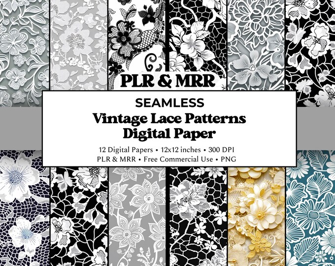 Vintage Lace Digital Paper Bundle | Seamless Floral Backgrounds | Shabby Chic Scrapbook | Commercial Use PLR MRR