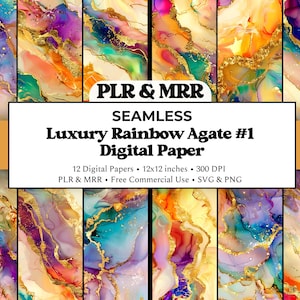 May include: A set of digital papers showcasing a seamless luxury rainbow agate design. The papers display vivid colours including purple, orange, and teal, with gold detailing. The image text reads "PLR & MRR SEAMLESS Luxury Rainbow Agate #1 Digital Paper".