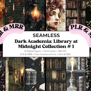 May include: A digital art collection named "Dark Academia: Library at Midnight Collection #1" with 12 seamless digital papers. The image displays dark academia themes, including portraits, candles, books, and floral patterns. The collection is 30.48 x 30.48 cm and 300 DPI.