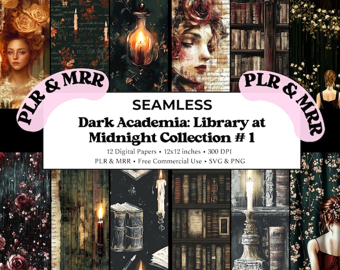 Dark Academia Seamless Patterns: Library at Midnight Collection (Digital Download) | Free Commercial Use PLR MRR