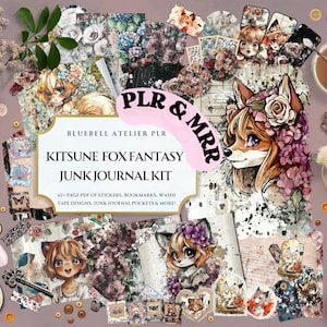 May include: A selection of scrapbooking supplies, including stickers, bookmarks, and washi tape, arranged around a central illustration of a fox with floral accents. The text "Kitsune Fox Fantasy Junk Journal Kit" is visible.