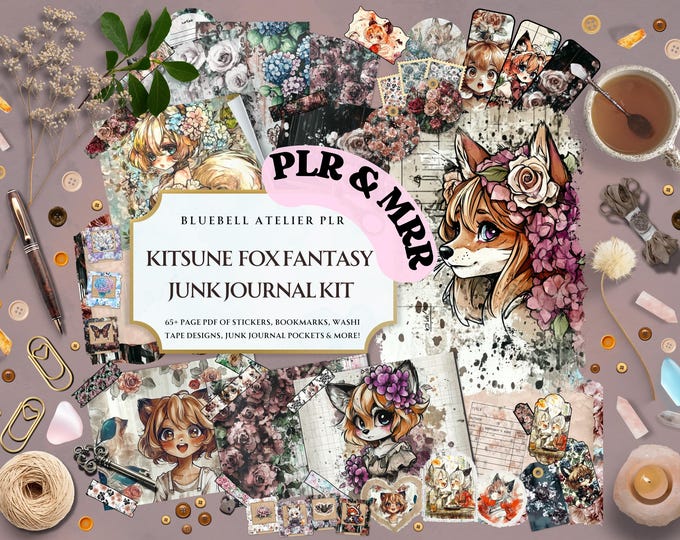 Kitsune Fox Girl Junk Journal Kit PLR MRR | Gothic Kawaii Chibi Anime Printable Ephemera Sticker Sheet | Commercial Use (Digital Download)