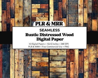 May include: Seamless digital paper with a rustic distressed wood design. The background features vertical planks in shades of brown, orange, and black. The image includes text that reads "PLR & MRR" and "Rustic Distressed Wood Digital Paper".