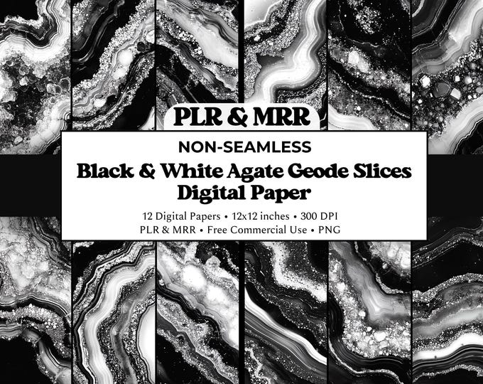 Black & White Agate Slices | Geode Digital Paper | Luxury Marble Texture | Commercial Use PLR MRR