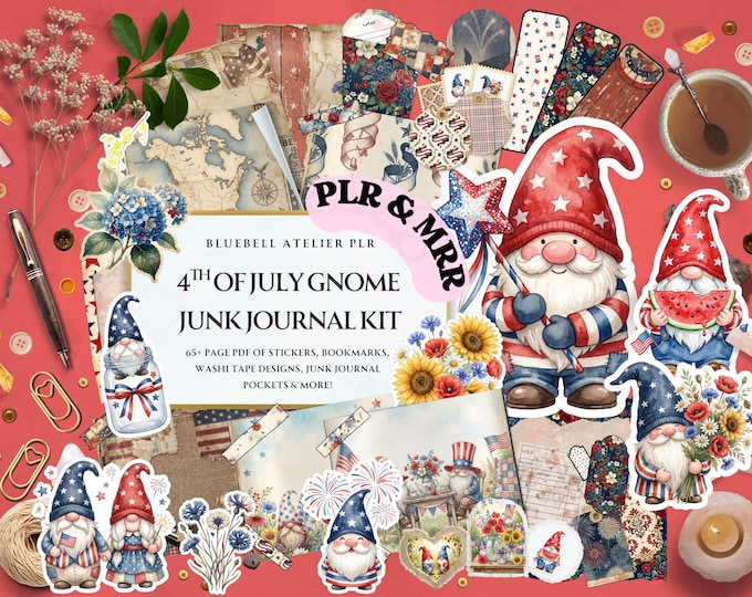 4th of July Gnome Junk Journal Kit PLR | 65+ Pages Printable Ephemera Stickers Bookmarks | Commercial Use PLR MRR (Digital Download)