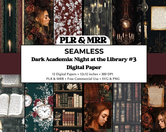 Dark Academia Seamless Patterns: Library at Midnight Collection (Digital Download) | Free Commercial Use PLR MRR